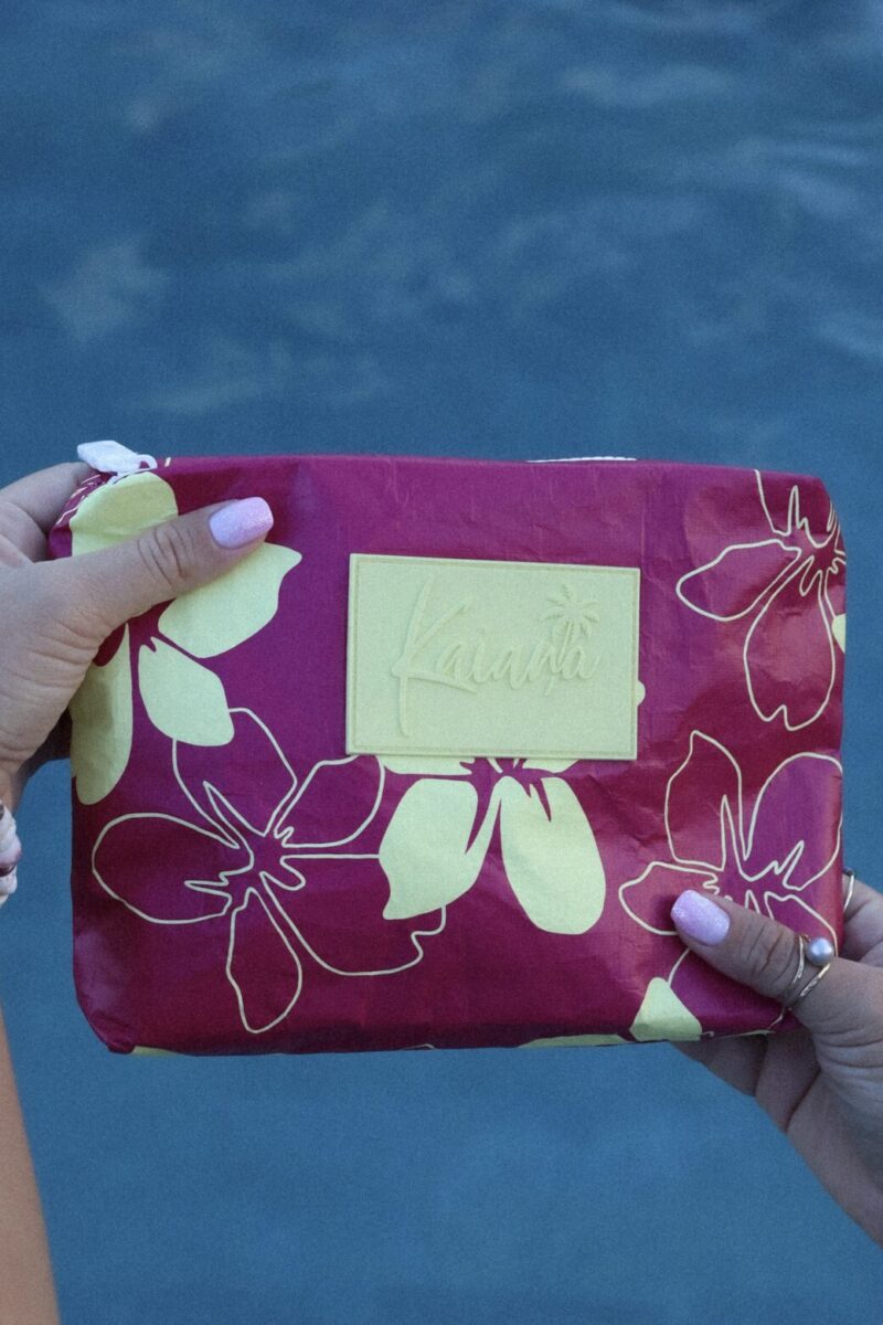 MEDIUM POUCH - ORCHID IN YELLOW ON PLUM